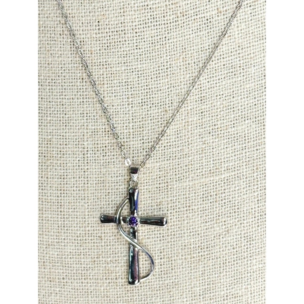Religious Cross Amethyst February Birthstone Sterling Silver‎ Necklace 19.75"